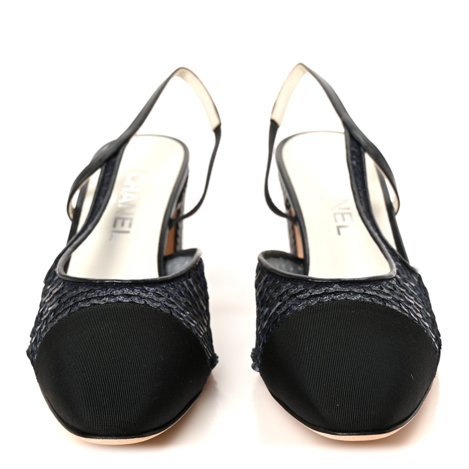 Chanel Glittered Muslin Grosgrain Cap Toe Slingback Pumps 39.5 Navy Blue Black 3 of 11