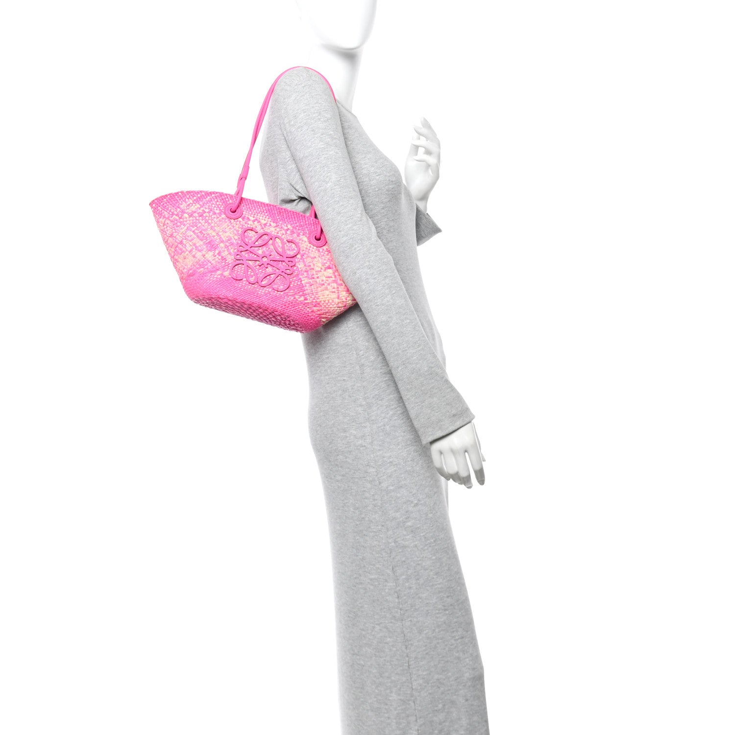 Loewe Iraca Palm Calfskin Small Anagram Basket Bag Fuchsia 2 of 13