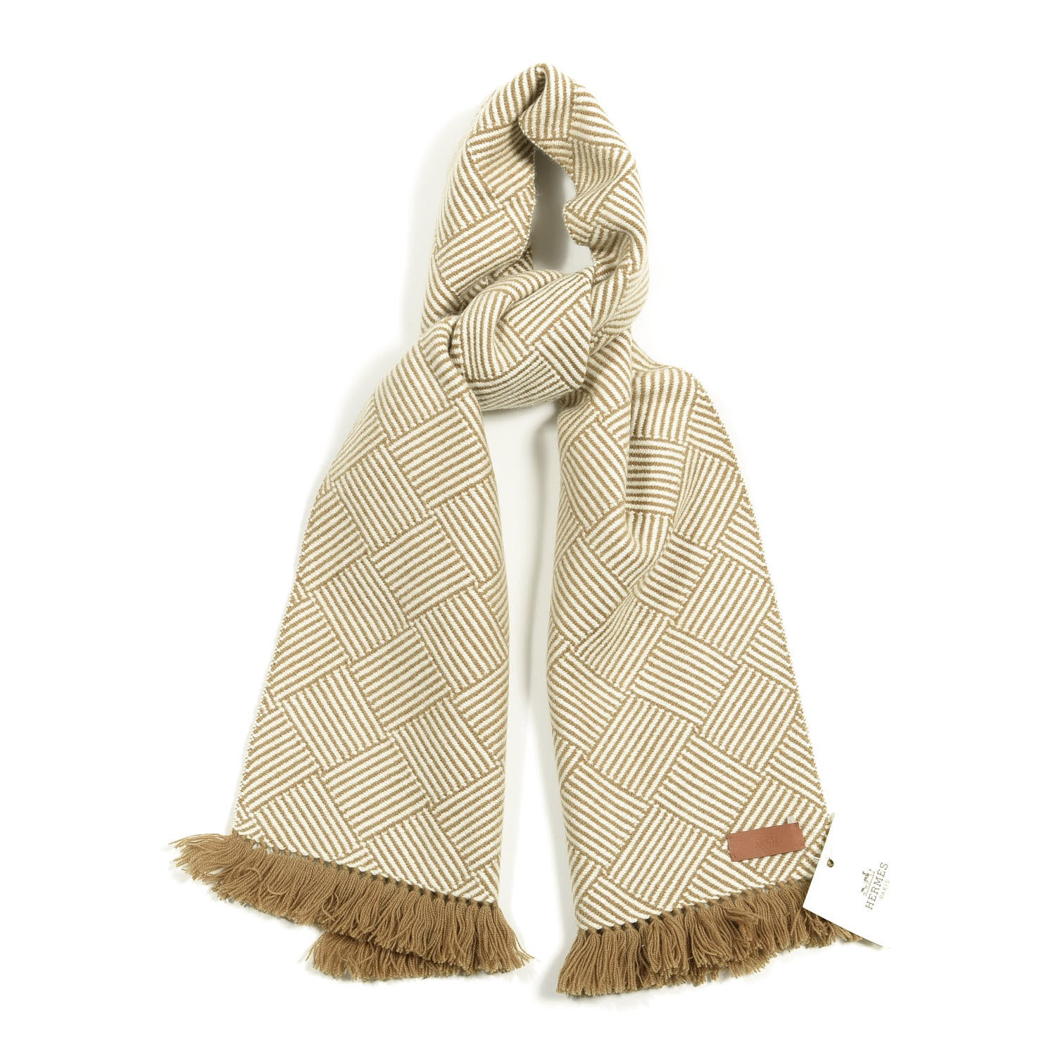 Hermes Cashmere Tile Weave Muffler Camel Ecru 1 of 4