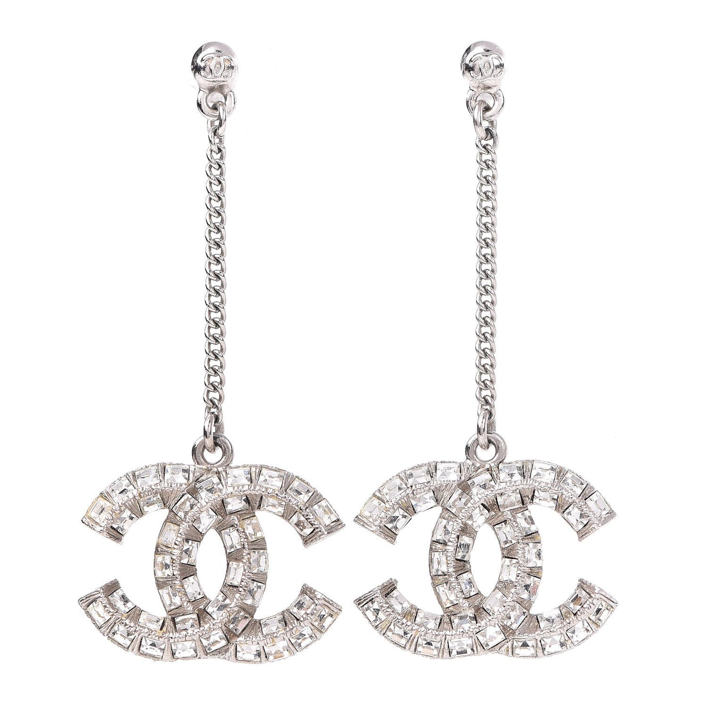 Baguette Crystal CC Drop Earrings Silver