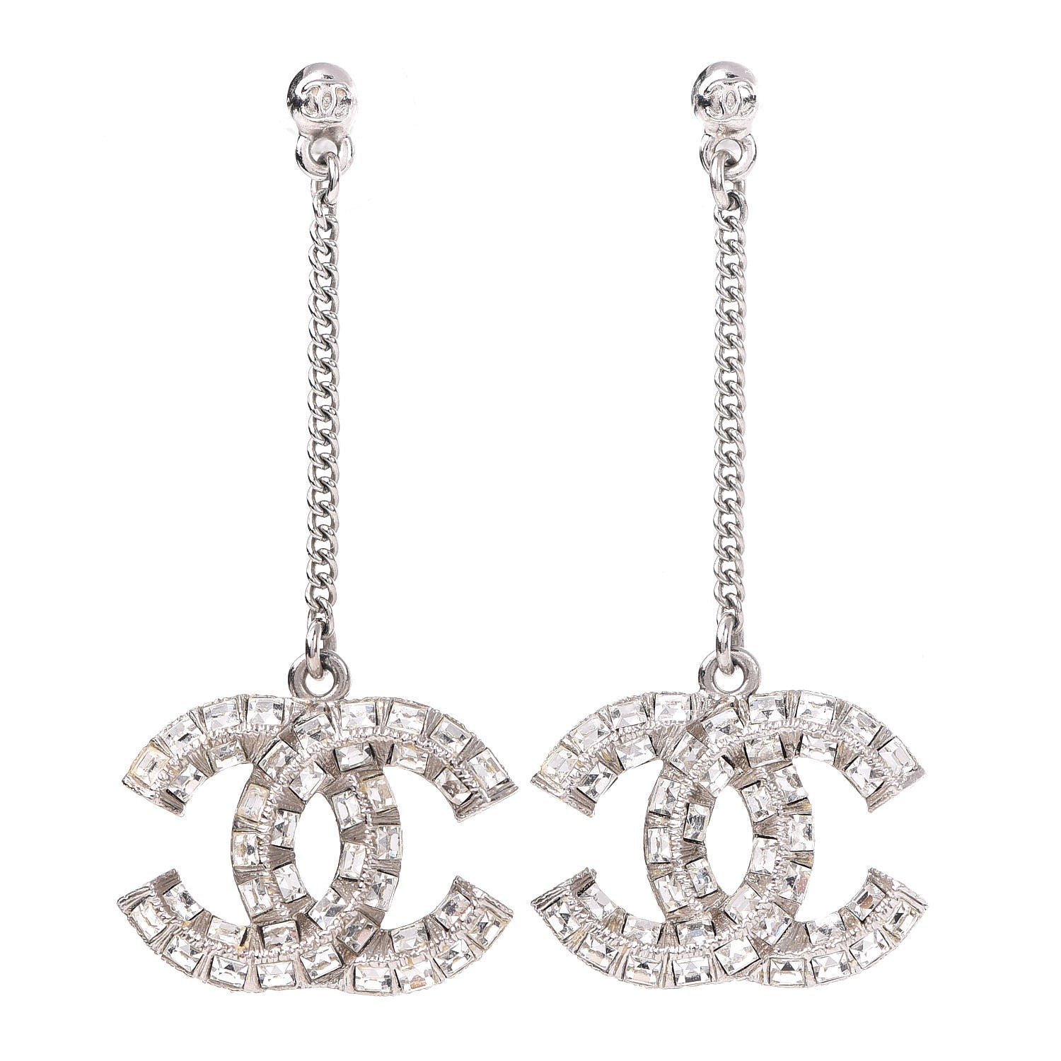 Chanel Baguette Crystal CC Drop Earrings Silver 1 of 3