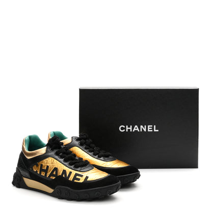 Chanel Metallic Fabric Calfskin Suede Crocodile Embossed CC Sneakers 38.5 Black Gold 10 of 10