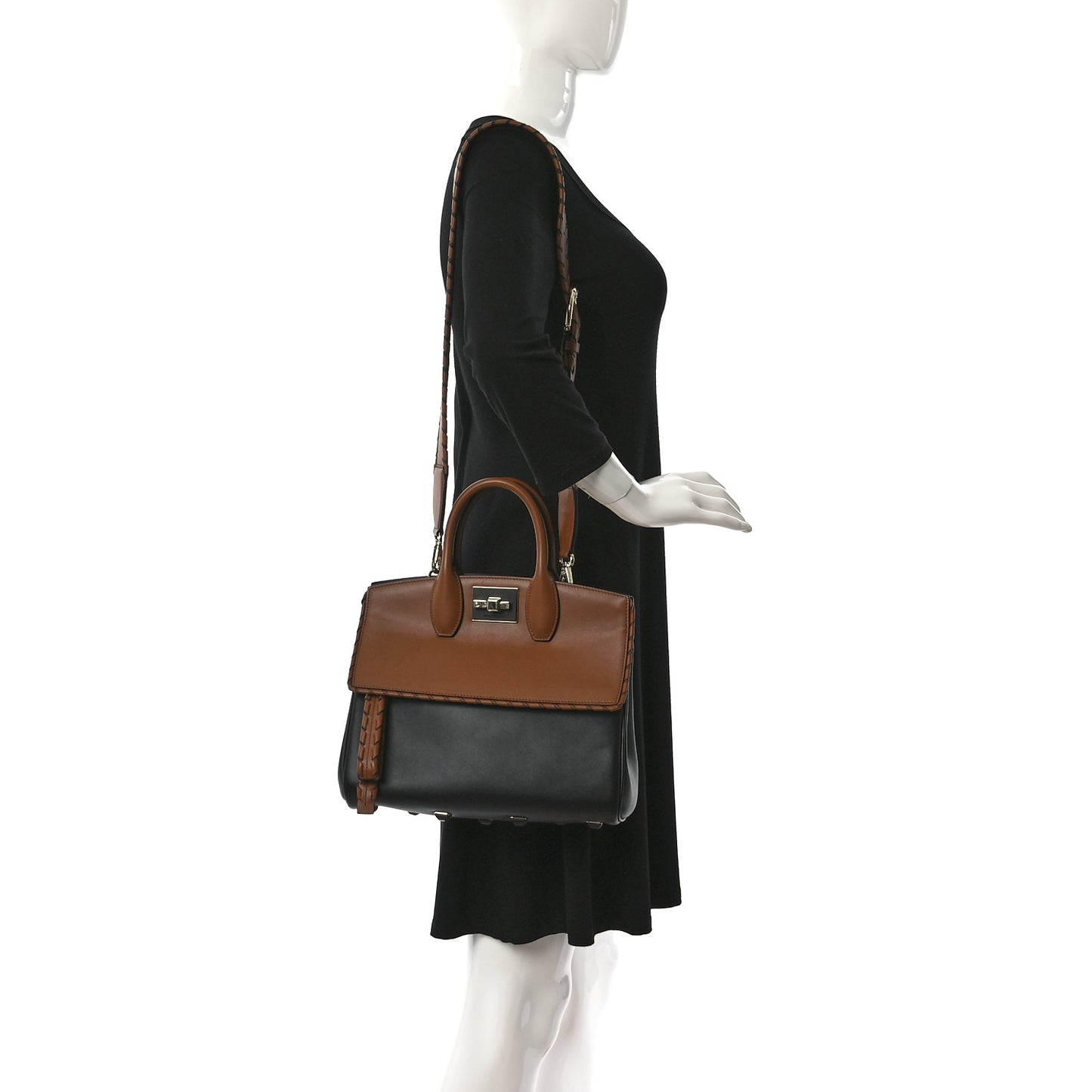 Calfskin Woven Small Studio Top Handle Bag Tan Black