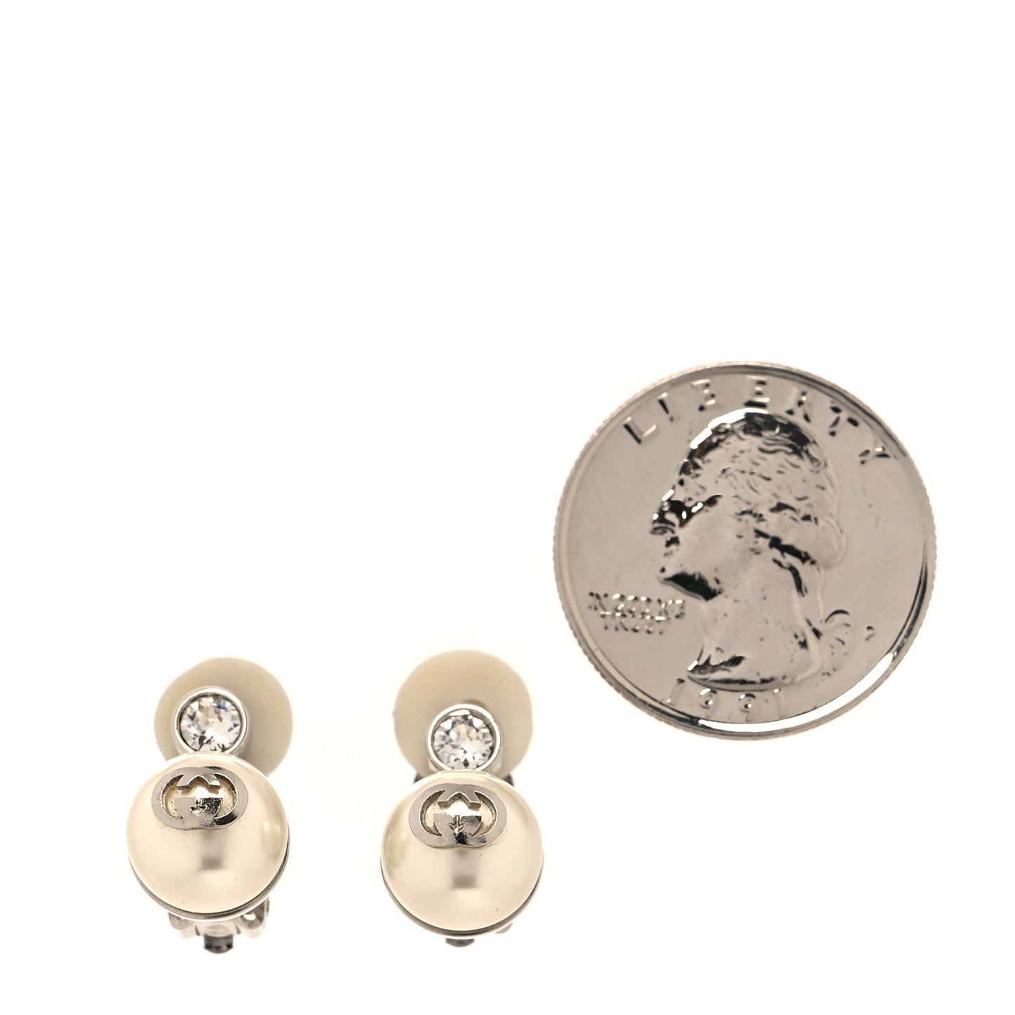 Metal Pearl Crystal Interlocking G Clip On Earrings Silver