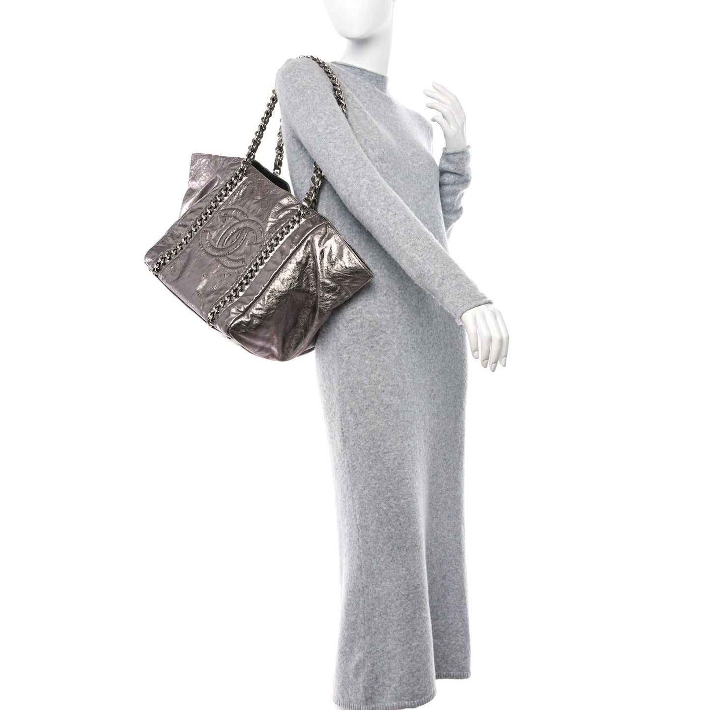 Metallic Cracked Calfskin Modern Chain Tote Dark Silver