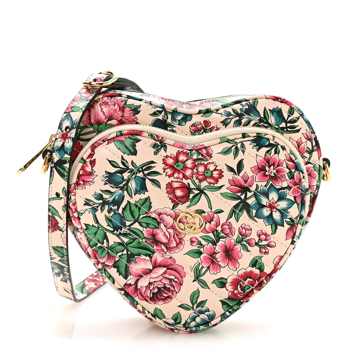 Calfskin Matelasse Diagonal Brit Roses Print Mini Interlocking G Heart Shoulder Bag  White Multicolor