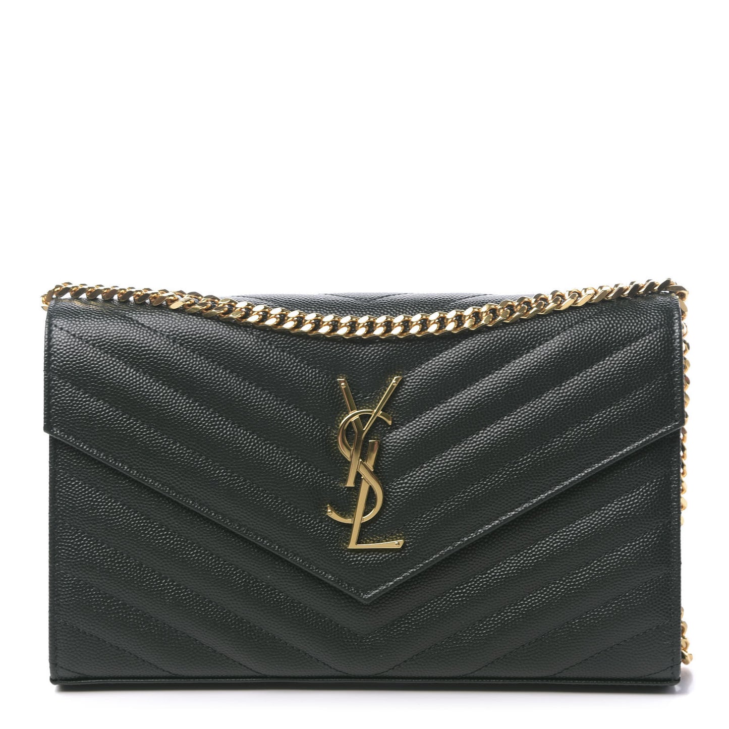 Grain De Poudre Matelasse Chevron Monogram Chain Wallet Dark Green