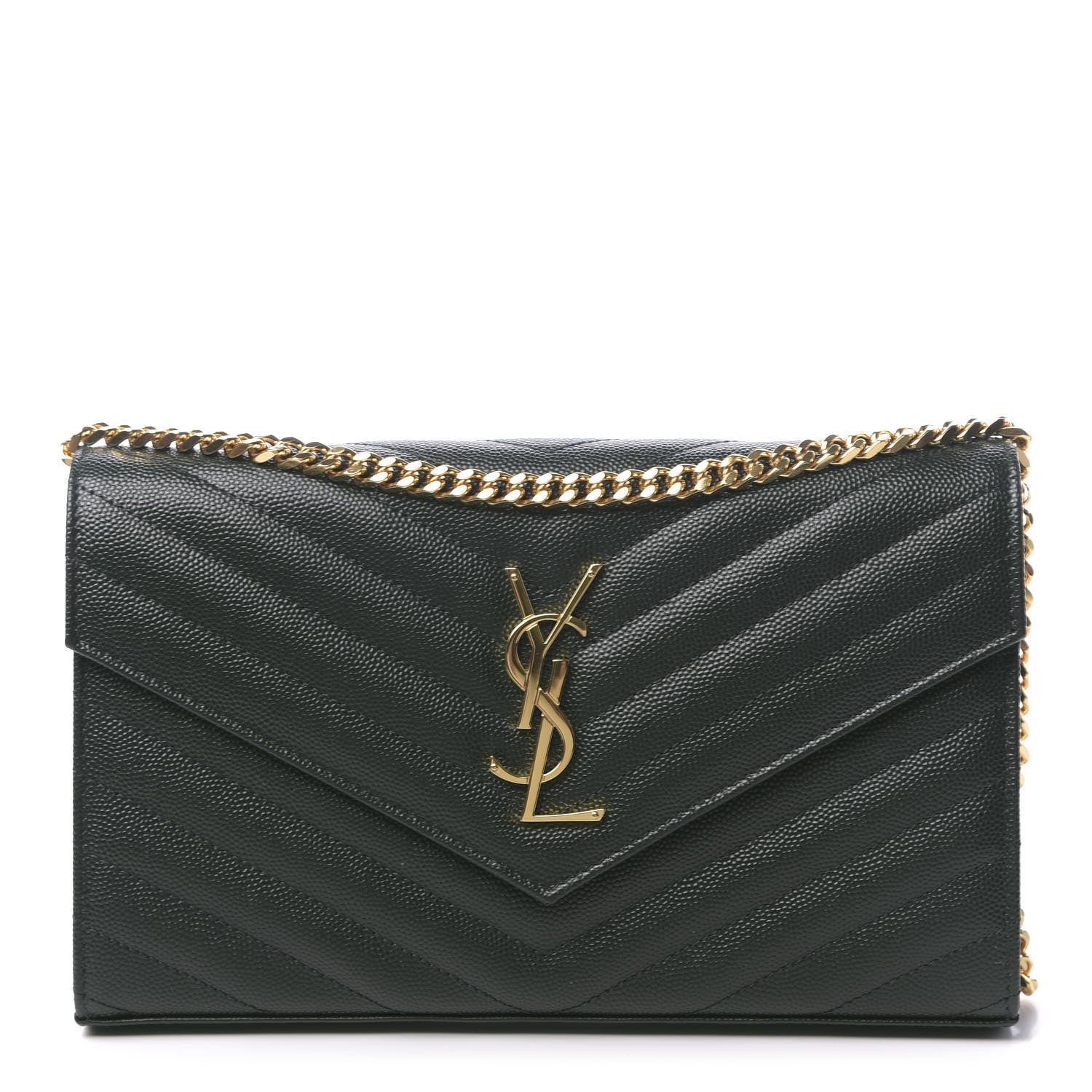 Saint Laurent Grain De Poudre Matelasse Chevron Monogram Chain Wallet Dark Green 1 of 10