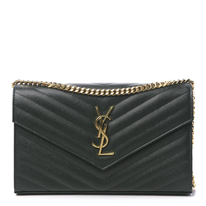 Saint Laurent Grain De Poudre Matelasse Chevron Monogram Chain Wallet Dark Green 1 of 10