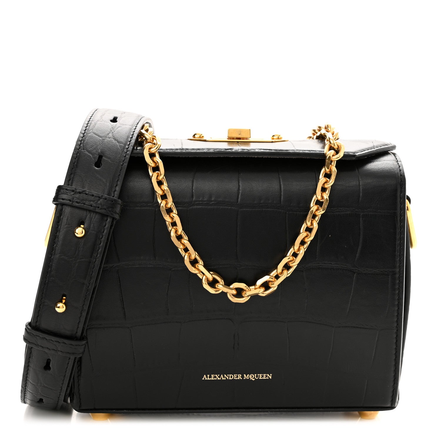 Alexander McQueen Calfskin Crocodile Embossed Box Shoulder Bag 19 Black 1 of 9
