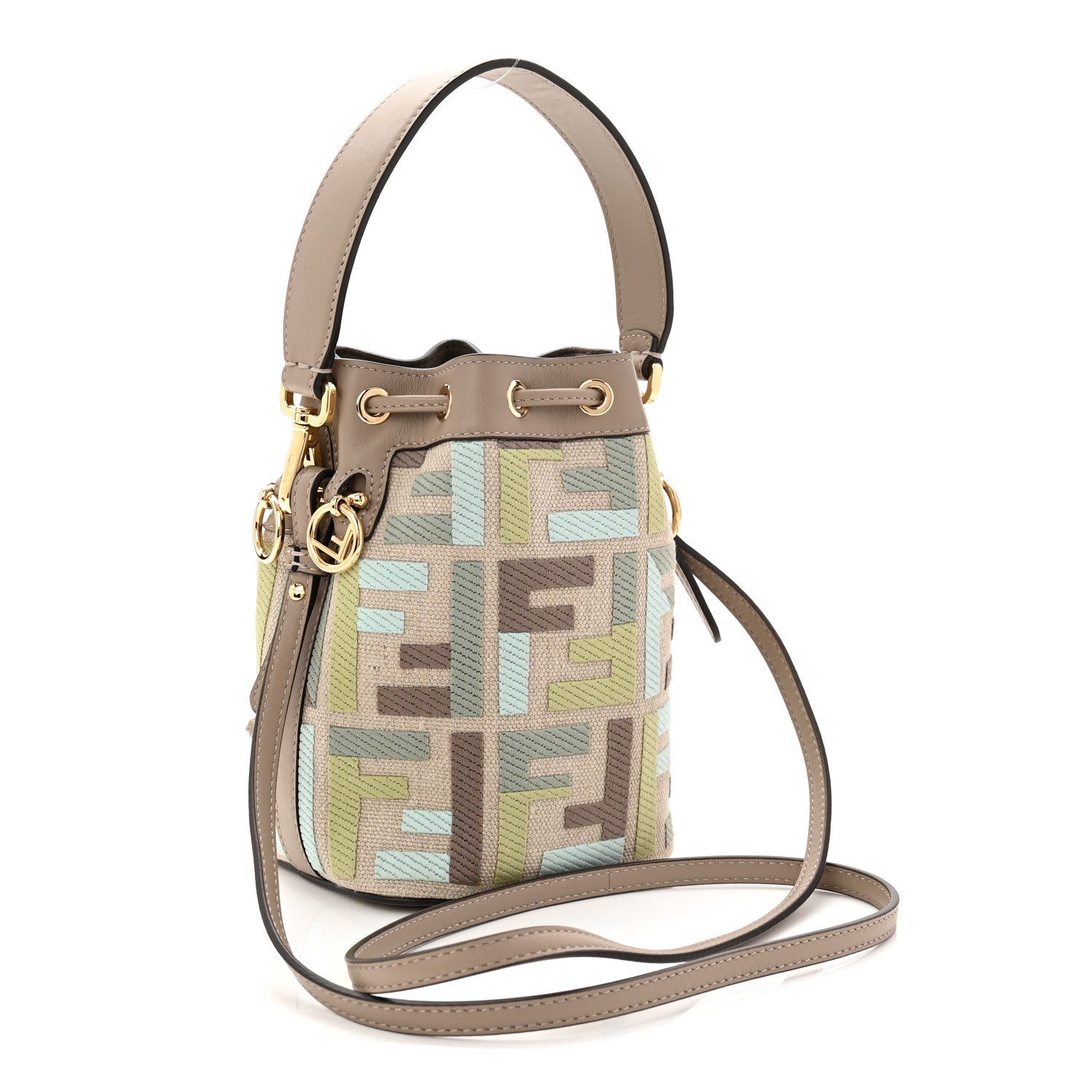 Fendi Canvas Vitello King FF Embroidered Mini Mon Tresor Bucket Bag Matcha Milk Dove 3 of 10