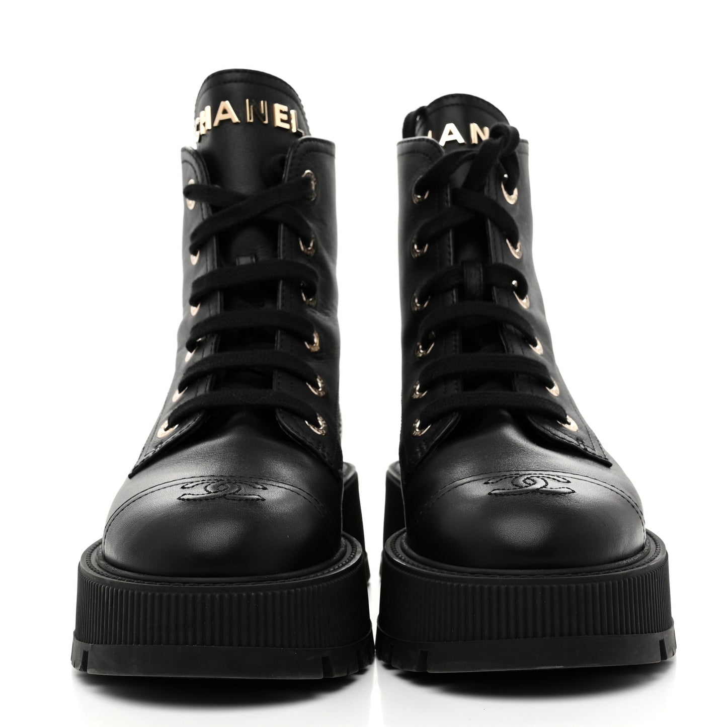 Grained Calfskin Shiny Calfskin CC Lace Up Combat Boots 37.5 Black