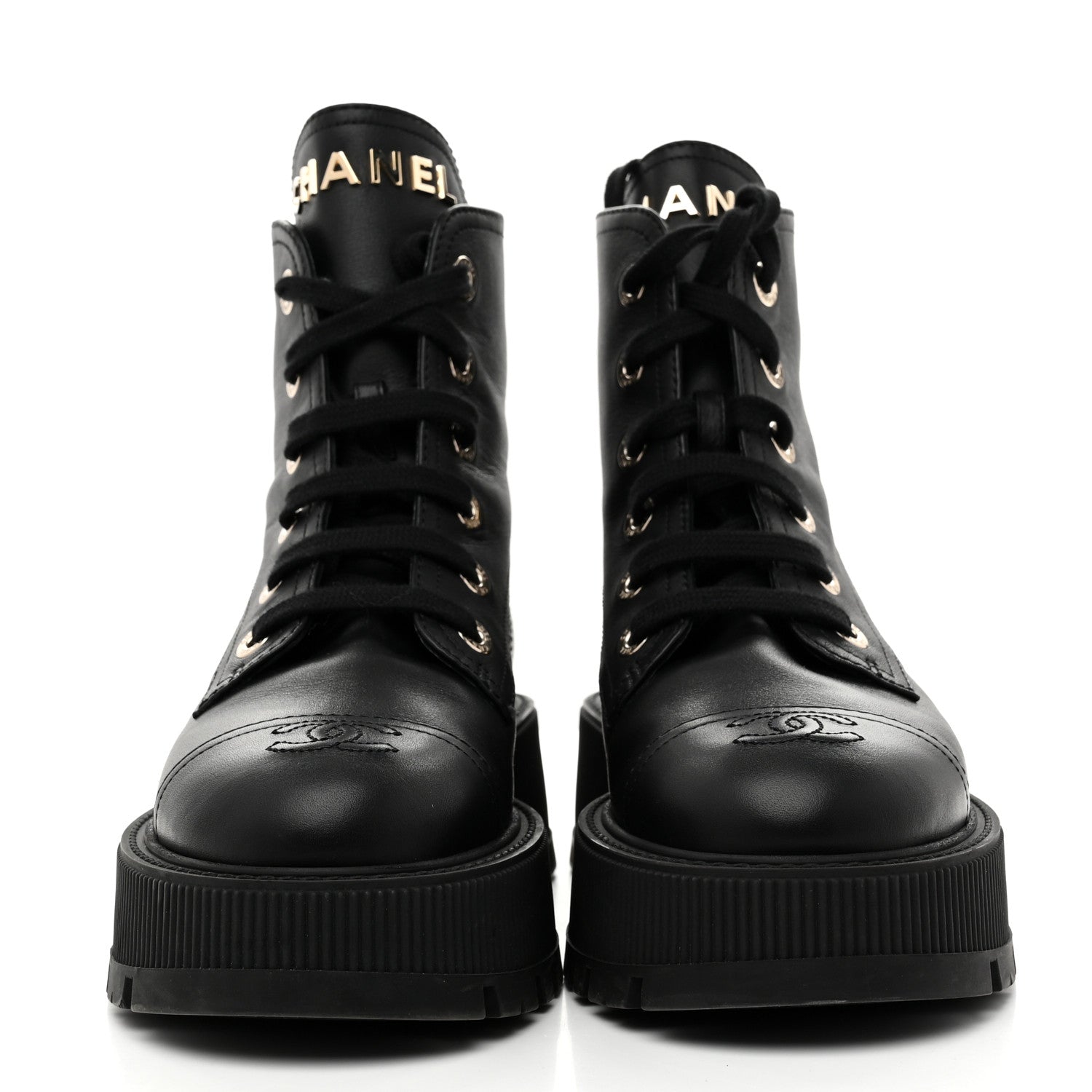 Chanel Grained Calfskin Shiny Calfskin CC Lace Up Combat Boots 37.5 Black 3 of 9