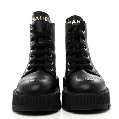 Chanel Grained Calfskin Shiny Calfskin CC Lace Up Combat Boots 37.5 Black 3 of 9