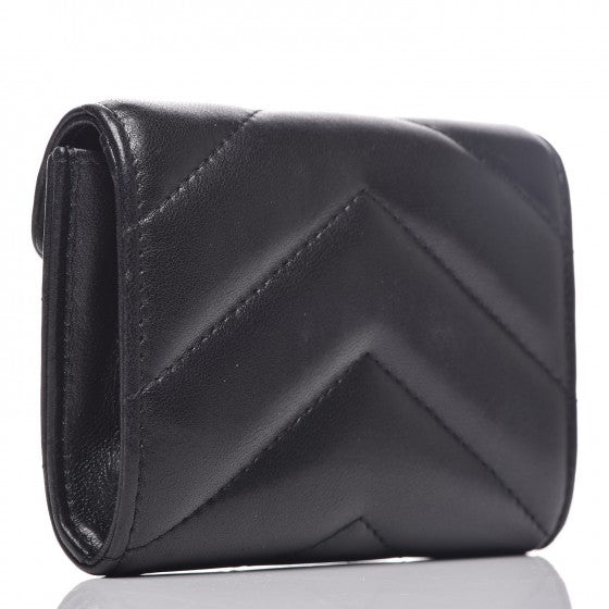 Lambskin Chevron Quilted Medallion CC Card Holder Black