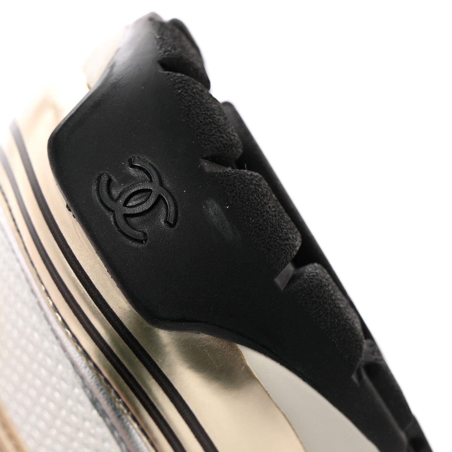 Chanel Fabric Laminated Calfskin Stretch CC Womens Sneakers 41 White Gold Silver 8 of 11