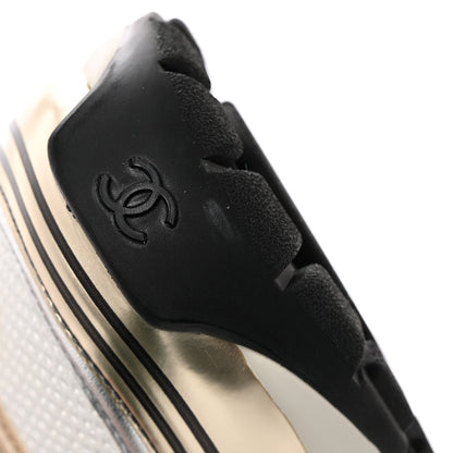 Chanel Fabric Laminated Calfskin Stretch CC Womens Sneakers 41 White Gold Silver 8 of 11