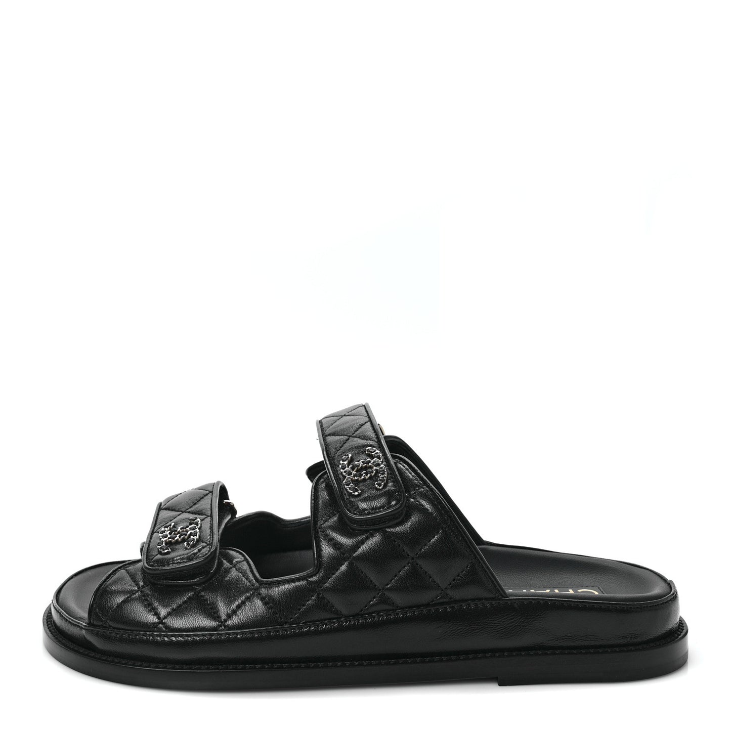 Lambskin Quilted Velcro Dad Chain CC Slide Sandals 40 Black