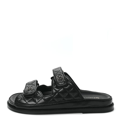 Chanel Lambskin Quilted Velcro Dad Chain CC Slide Sandals 40 Black 1 of 9