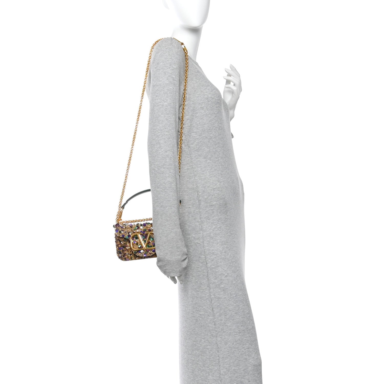 Valentino Garavani Sequin Crystal Vlogo Embroidered Small Loco Shoulder Bag Gold Multicolor 2 of 9