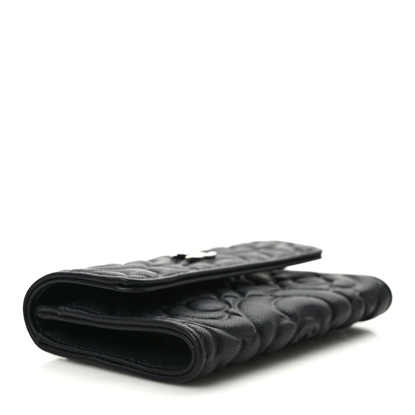 Goatskin Camellia Embossed Flap Card Holder Wallet Black
