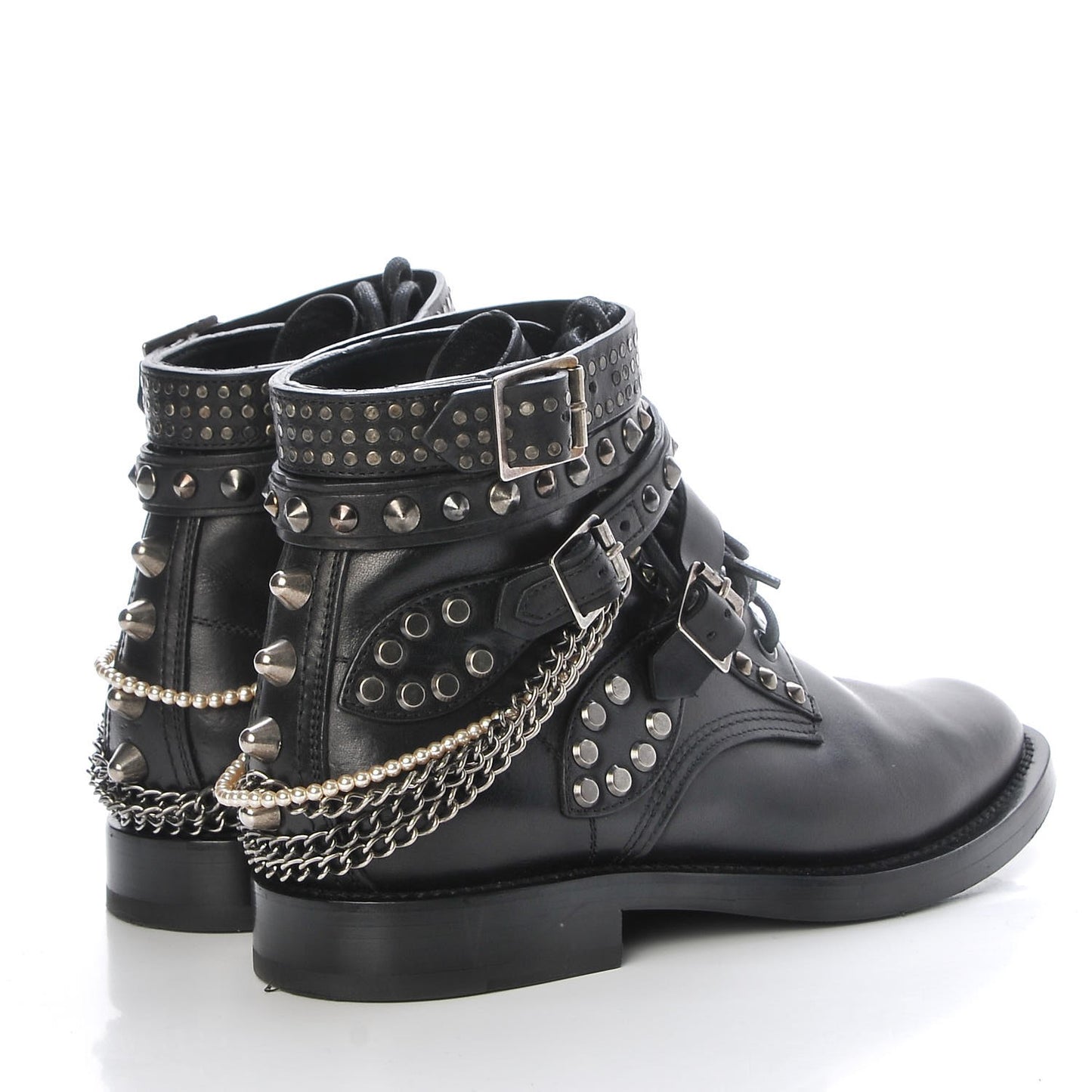 Smooth Calfskin Studded Strap Ranger Boots 37.5 Black