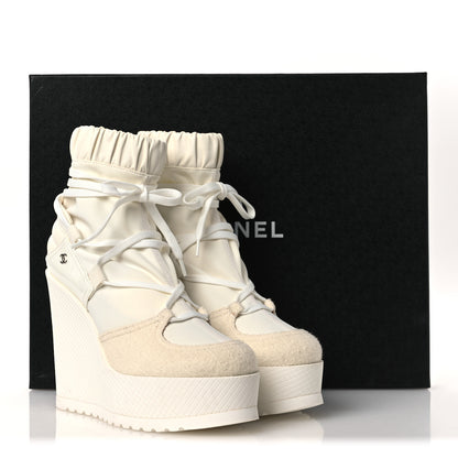 Chanel Tweed Patent Calfskin Runway Wedge Short Platform Boots 38 White Ivory 13 of 13