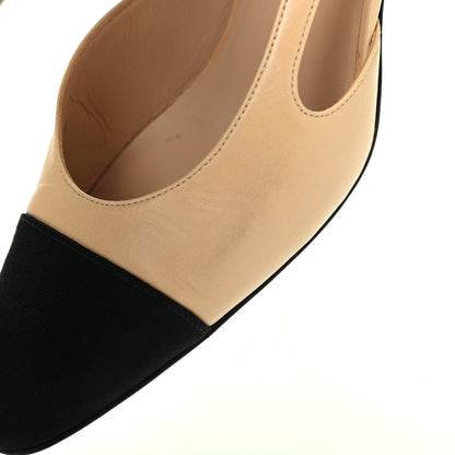 Chanel Goatskin Grosgrain Cap Toe CC Slingback Pumps 39 Beige Black 11 of 16