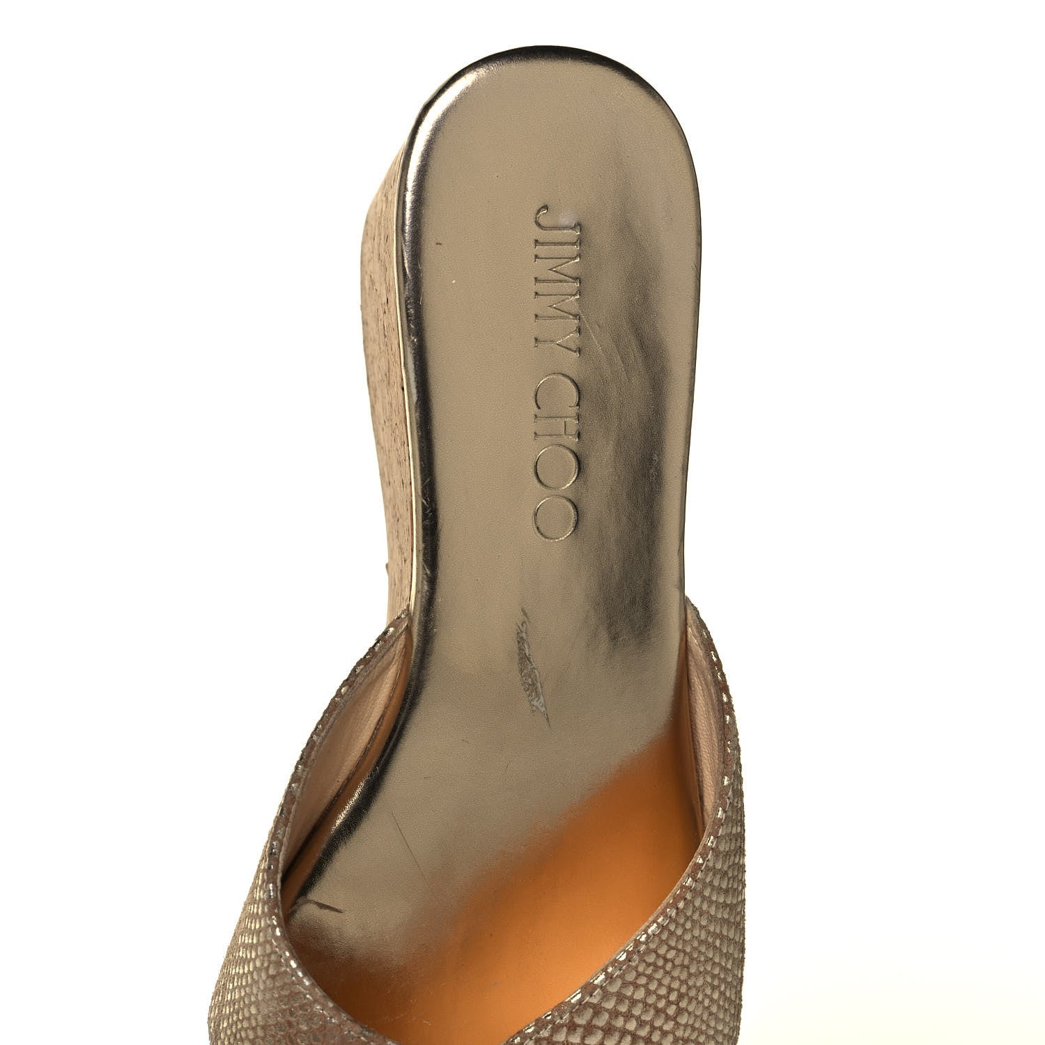 Jimmy Choo Metallic Suede Snakeskin Embossed Prima Cork Wedge Sandals 36.5 Gold 8 of 11