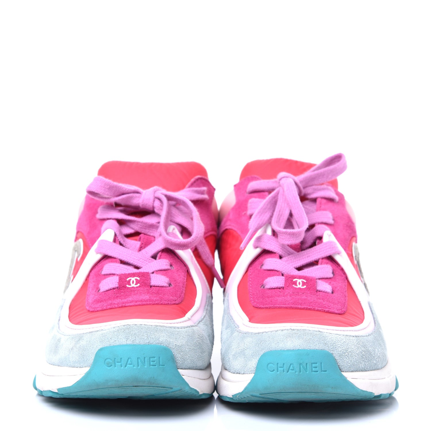 Chanel Nylon Lambskin Suede Calfskin CC Sneakers 38.5 Fuchsia Pink 3 of 9
