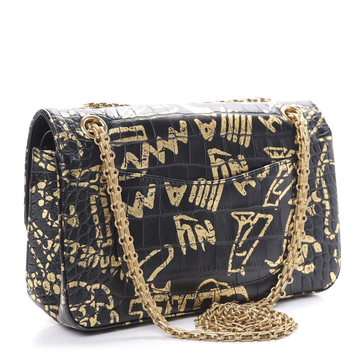 Calfskin Crocodile Embossed Graffiti 2.55 Cocodile Reissue 225 Flap Black Gold