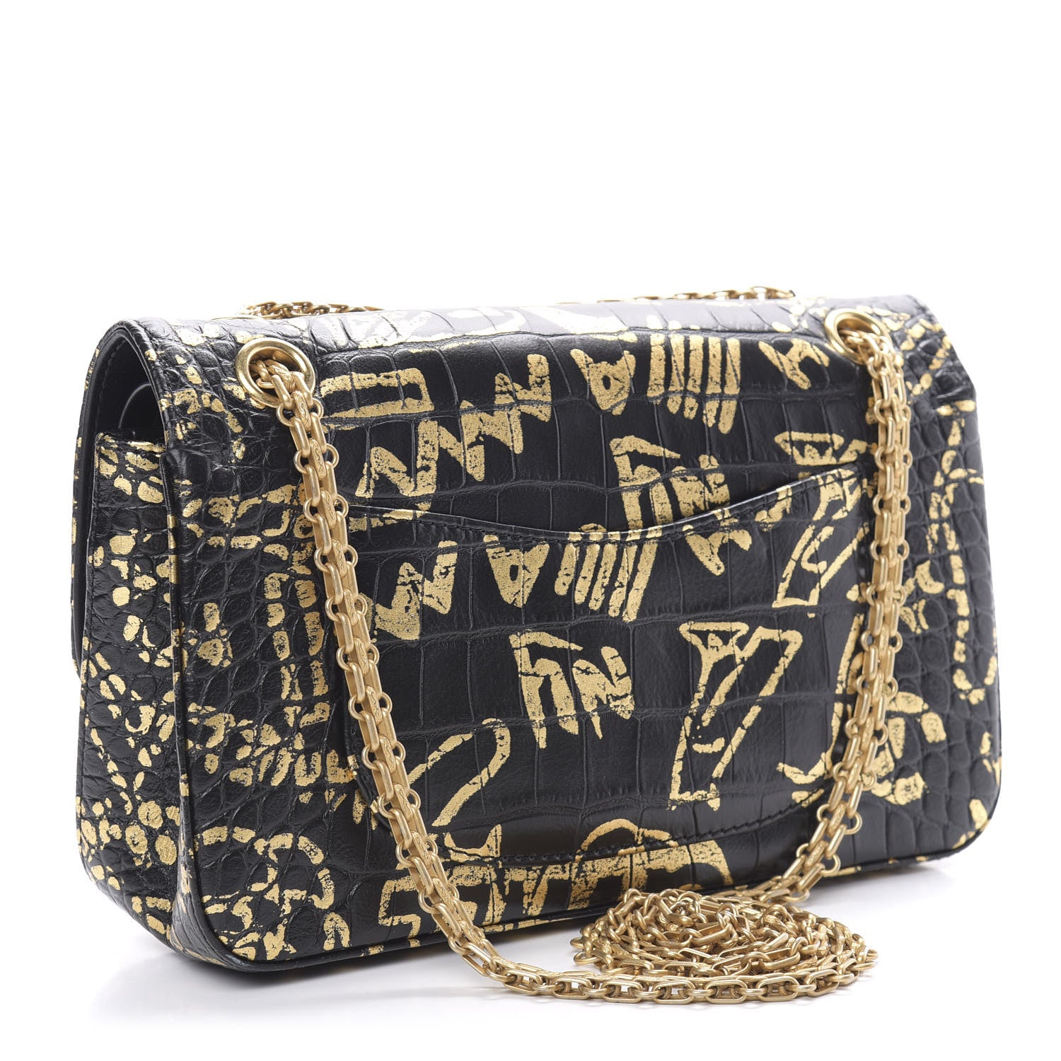 Chanel Calfskin Crocodile Embossed Graffiti 2.55 Cocodile Reissue 225 Flap Black Gold 3 of 11