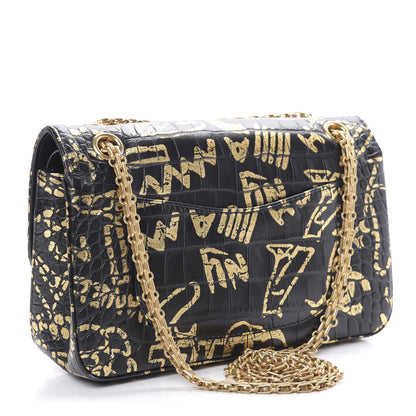 Chanel Calfskin Crocodile Embossed Graffiti 2.55 Cocodile Reissue 225 Flap Black Gold 3 of 11