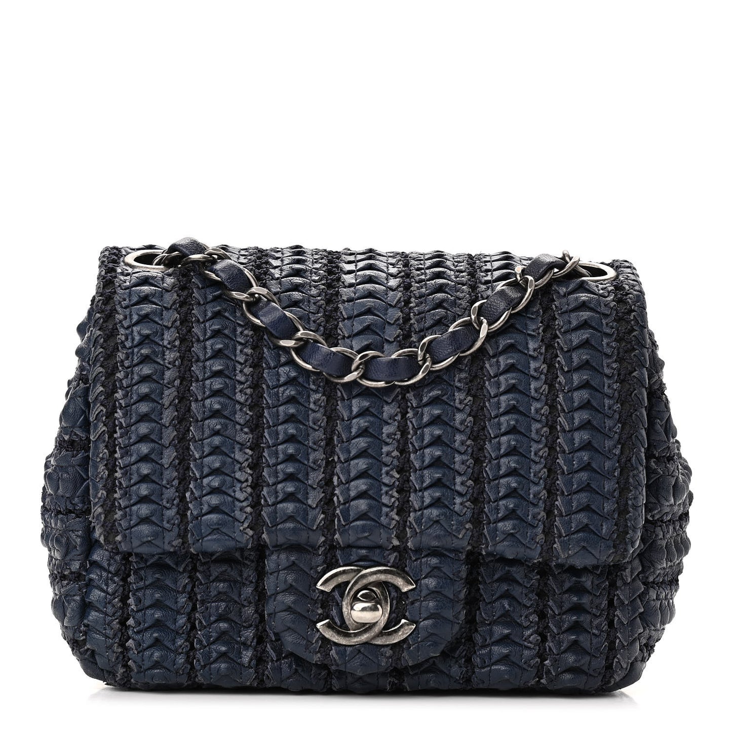 Lambskin Crochet Embroidered Small Flap Navy