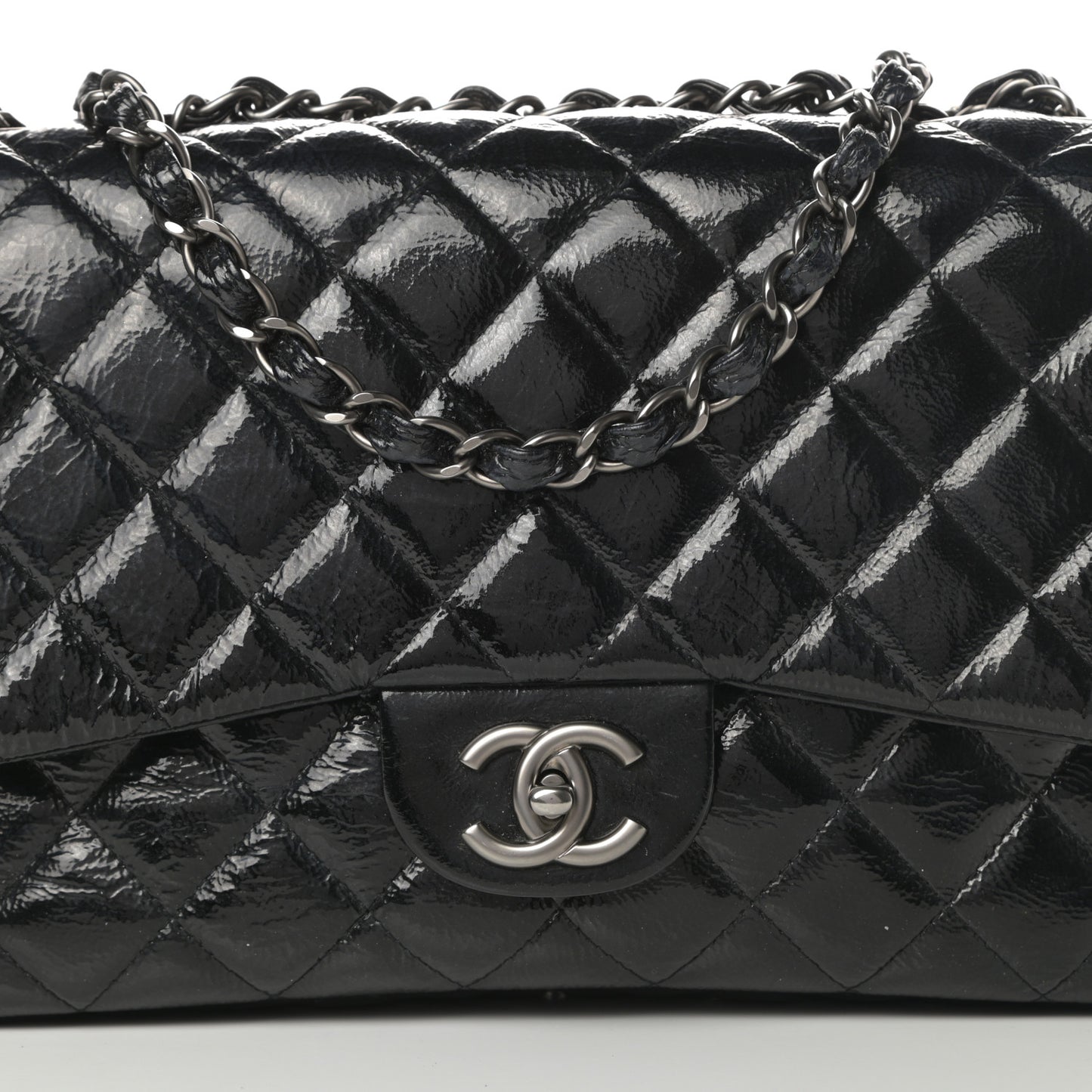 Crinkled Patent Quilted Jumbo Single Flap Black