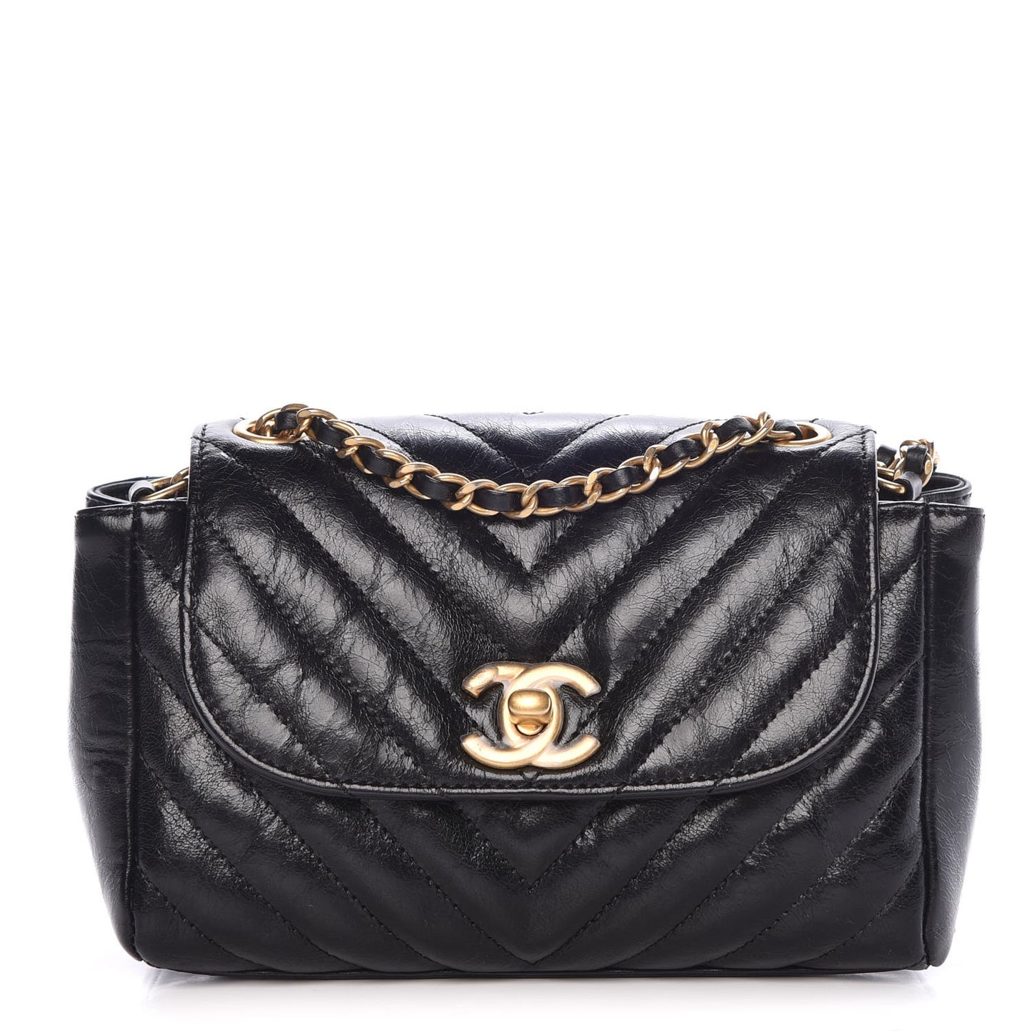 Glazed Calfskin Chevron Quilted Small Hampton Flap Black