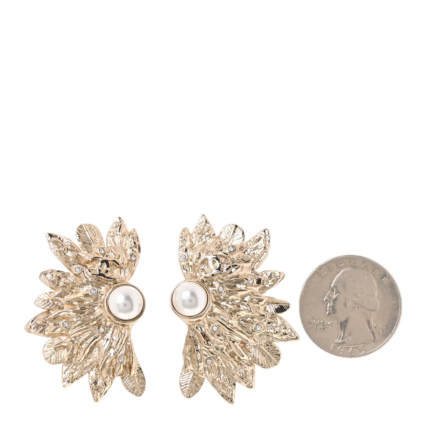 Metal Pearl Feather Clip On Earrings Gold