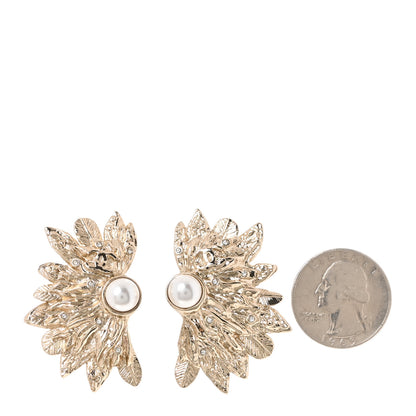 Chanel Metal Pearl Feather Clip On Earrings Gold 2 of 5