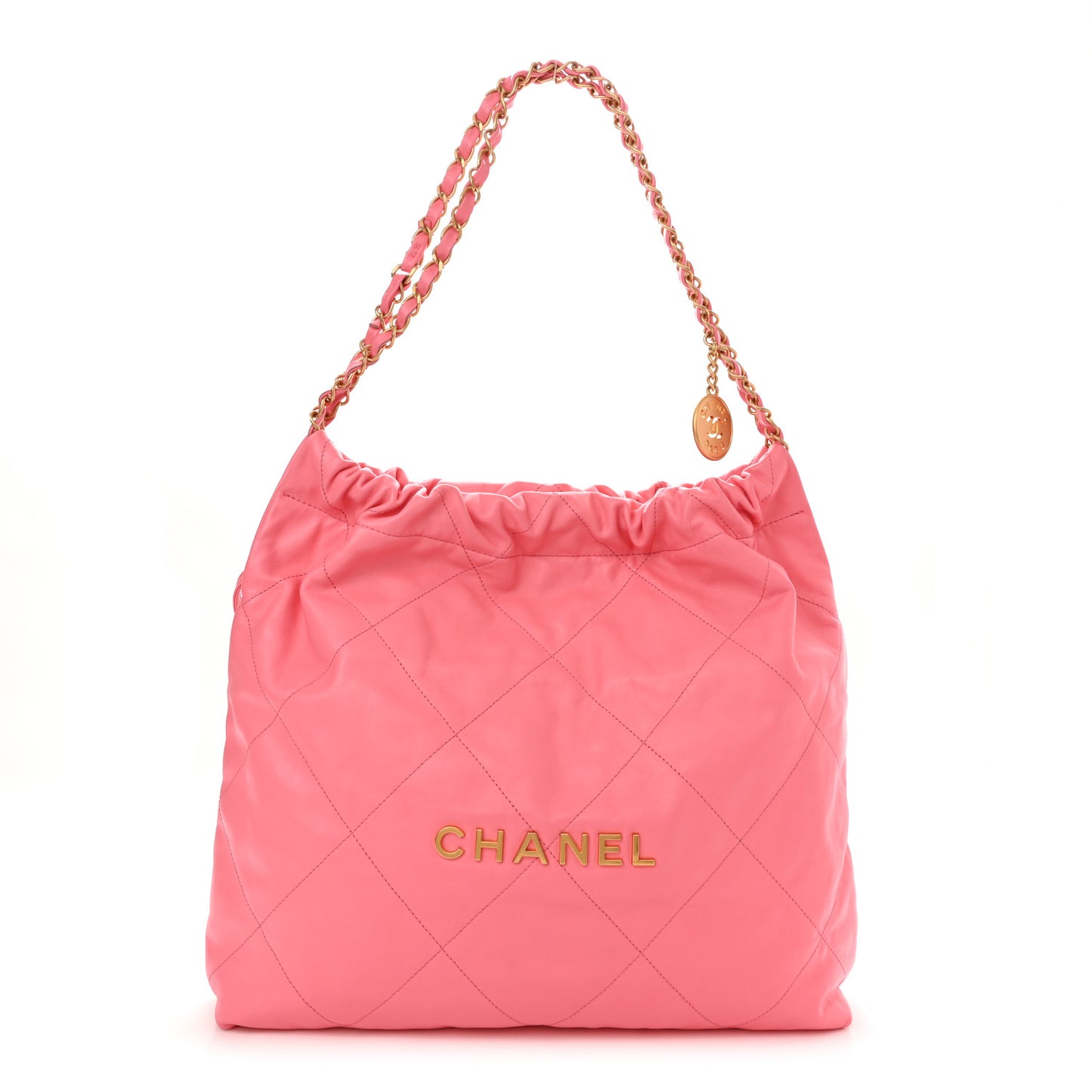 Shiny Calfskin Quilted Chanel 22 Drawstring Bag Coral Pink