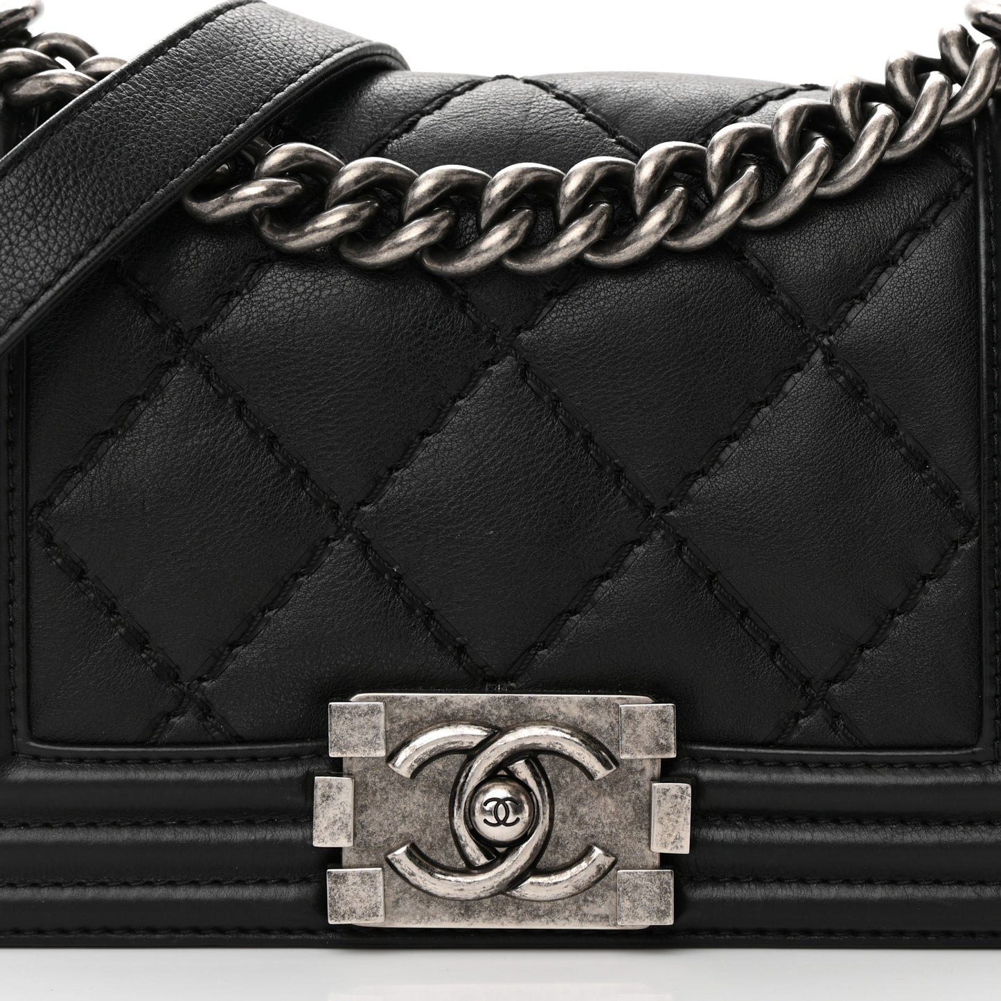 Calfskin Double Stitch Small Boy Flap Black