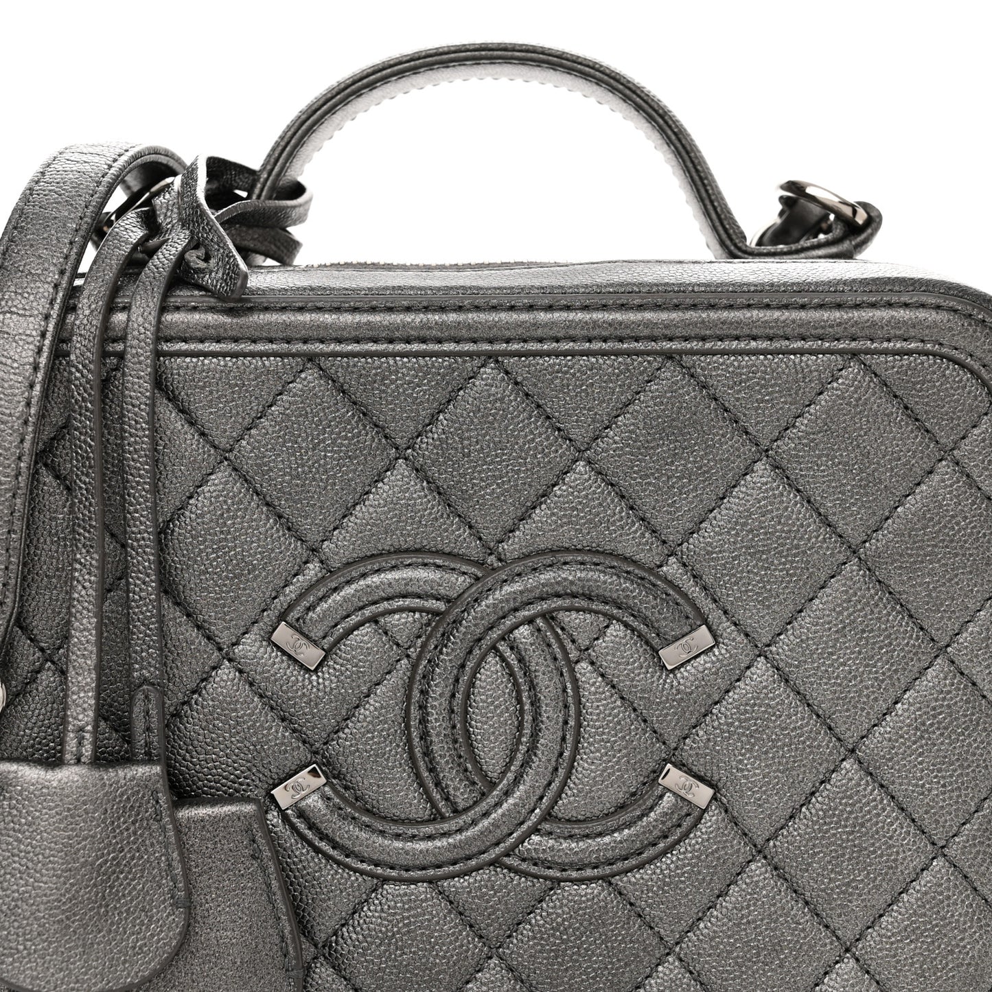 Metallic Caviar Quilted Medium CC Filigree Vanity Case Dark Silver