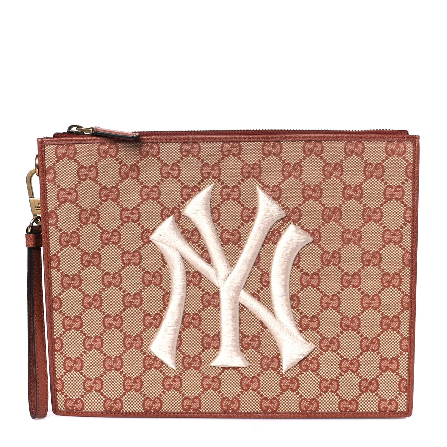 X MLB GG Monogram NY Yankees Zip Wristlet Pouch Beige Ruggine Ivory