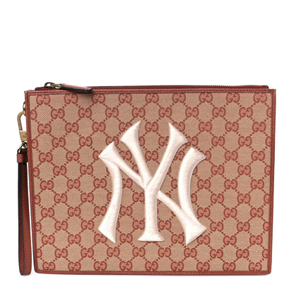 Gucci X MLB GG Monogram NY Yankees Zip Wristlet Pouch Beige Ruggine Ivory 1 of 10