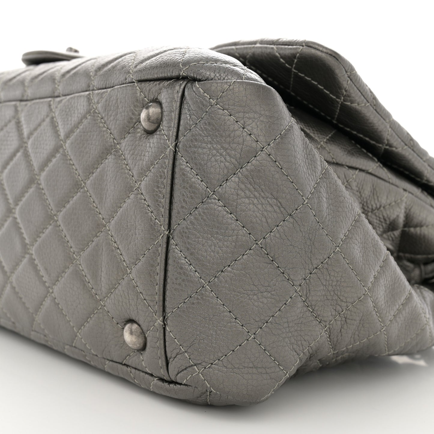 Metallic Metallized Calfskin Quilted XXL Travel Flap Bag Dark Silver