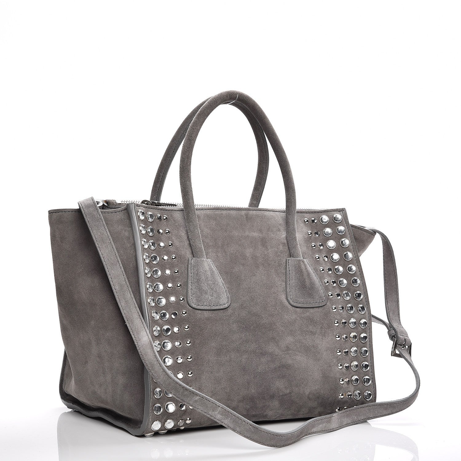 Prada Scamosciato Suede Studded Crystal Twin Pocket Tote Marmo 4 of 16
