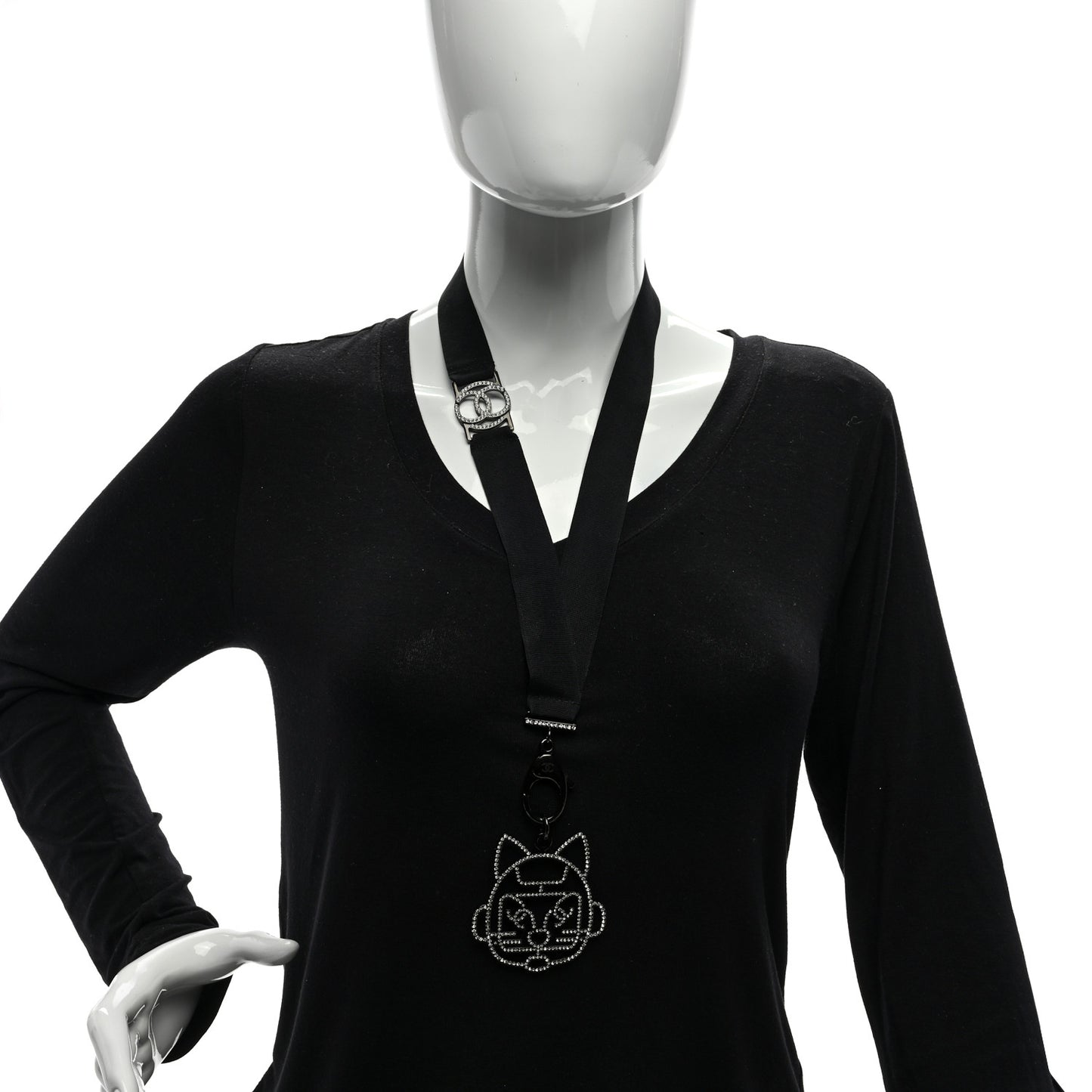 Crystal CC Emoji Robot Cat Lanyard Necklace Black Silver