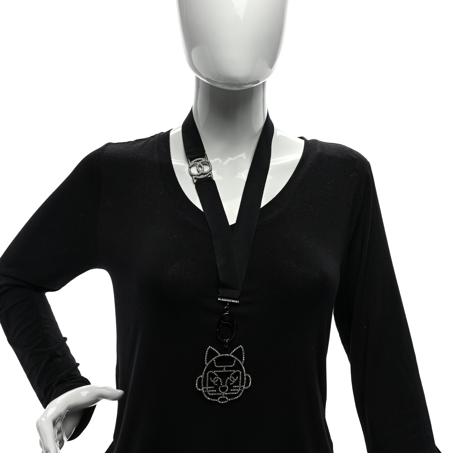 Chanel Crystal CC Emoji Robot Cat Lanyard Necklace Black Silver 2 of 4