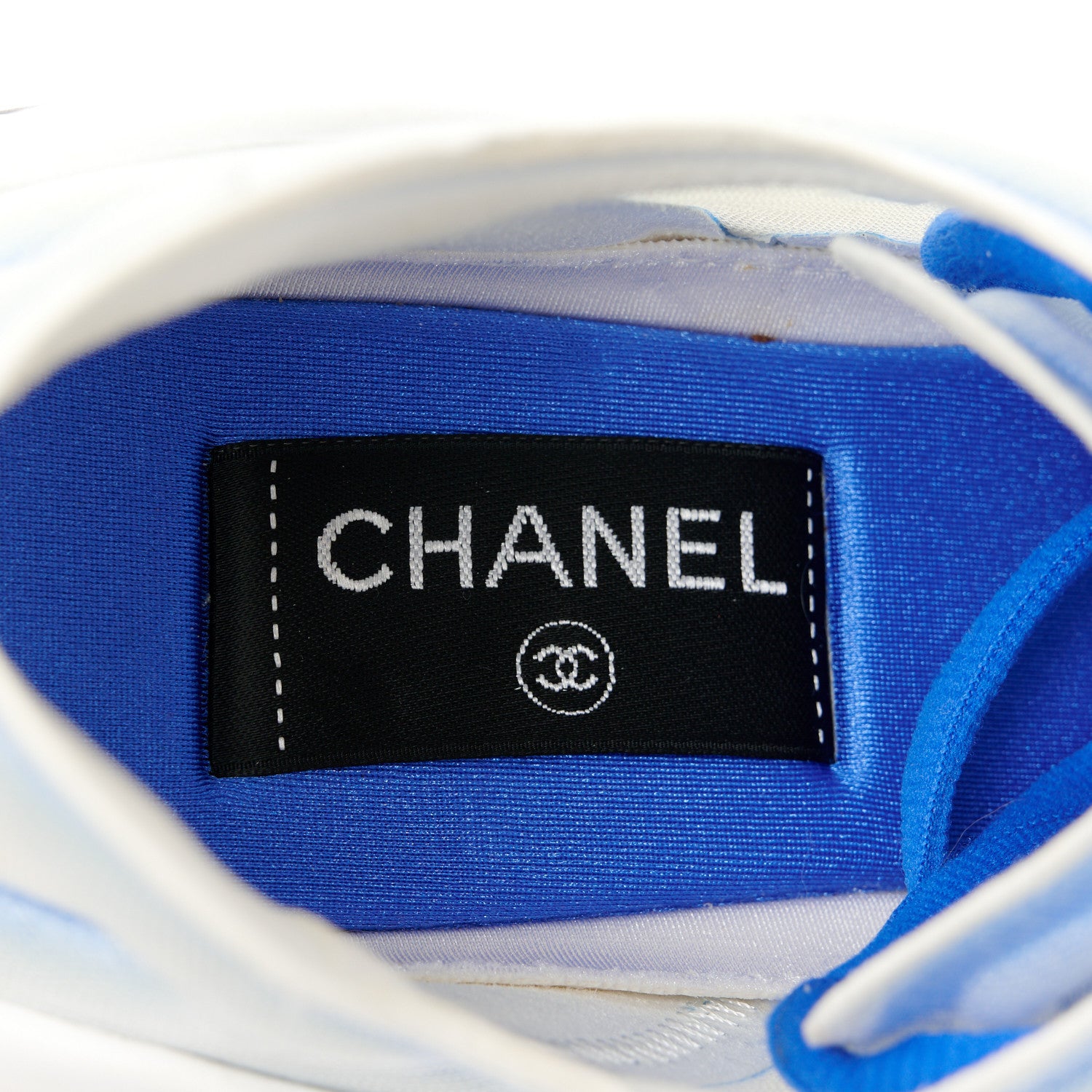 Chanel Calfskin Mesh Lycra Womens Logo Sneakers 39.5 White Blue 7 of 9