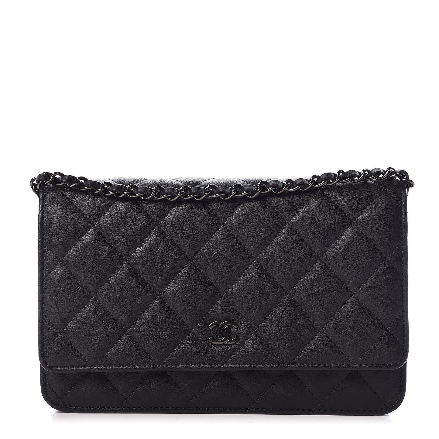 Crumpled Calfskin Quilted Wallet On Chain WOC So Black