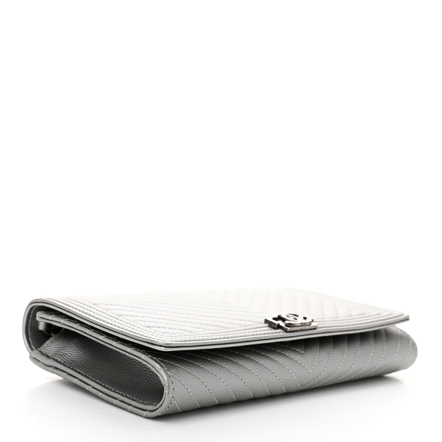 Metallic Caviar Chevron Quilted Boy Wallet On Removable Chain WOC Silver